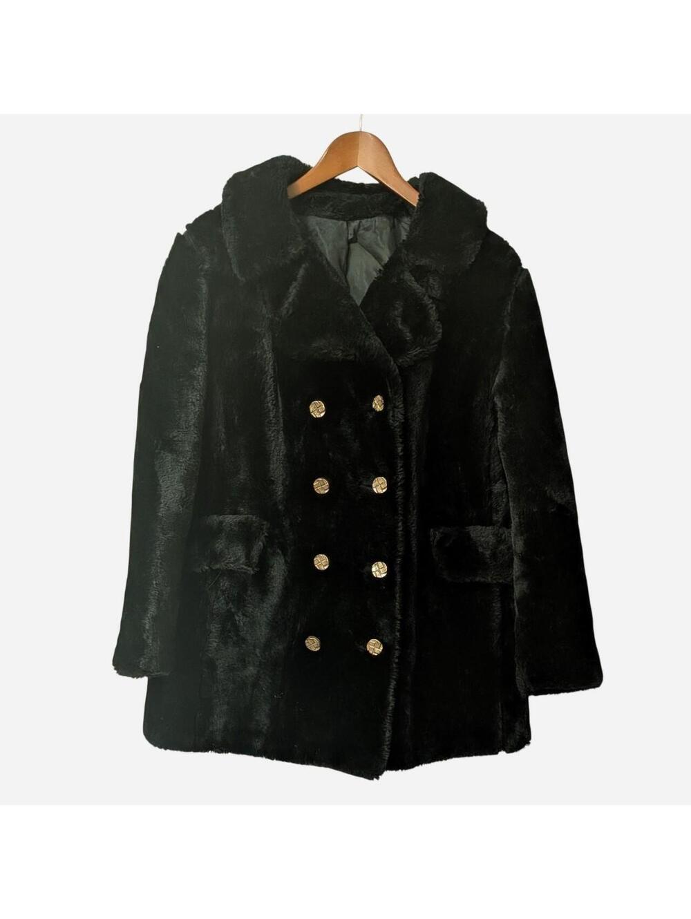 1970s Black Faux Fur Double Breasted Coat Women's Small Vintage Rich Mob Wife